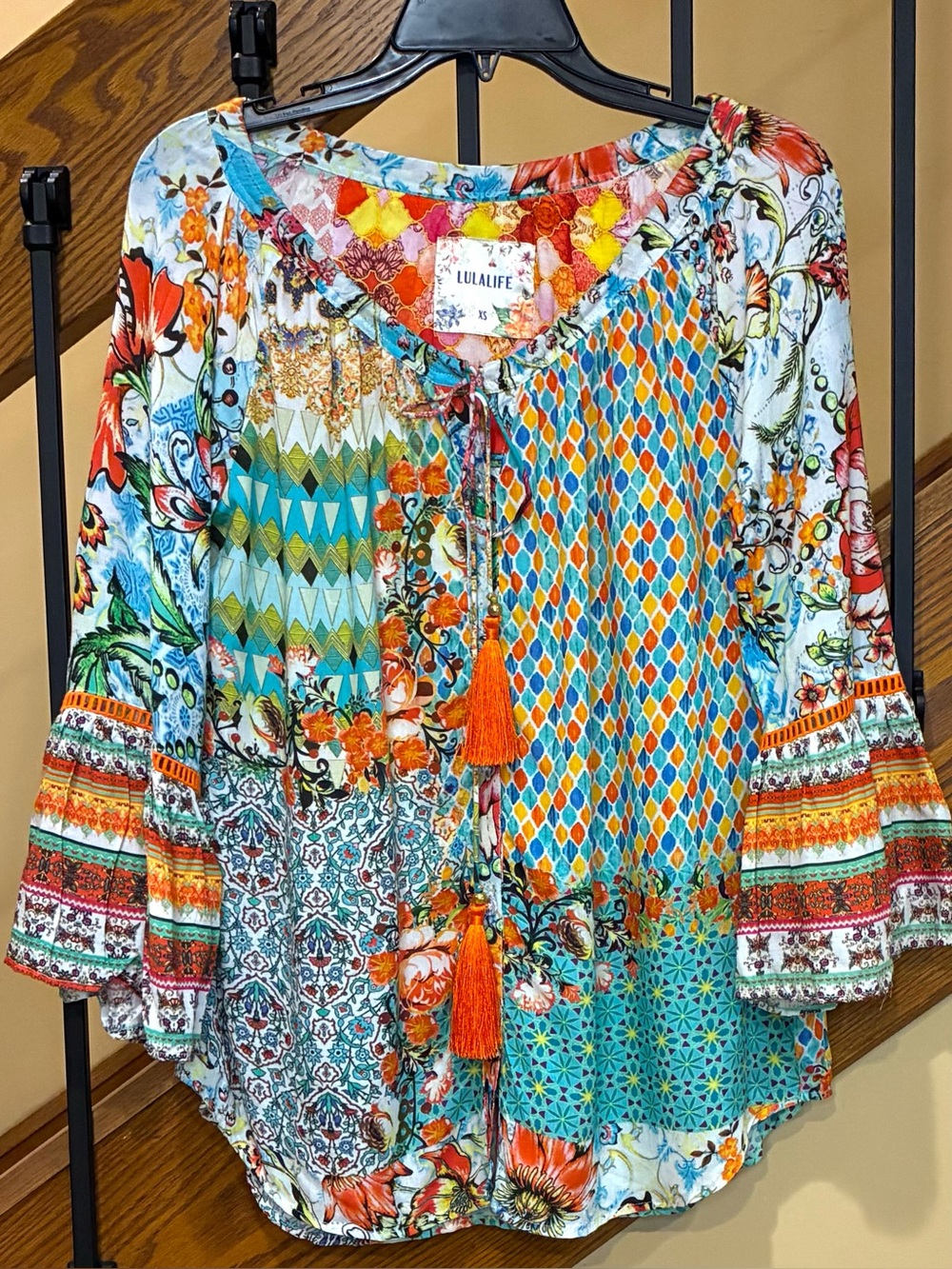 Lulalife Blouse Multi Pattern Tie At Neck Button Front Bell Sleeve SZ. XS Womens